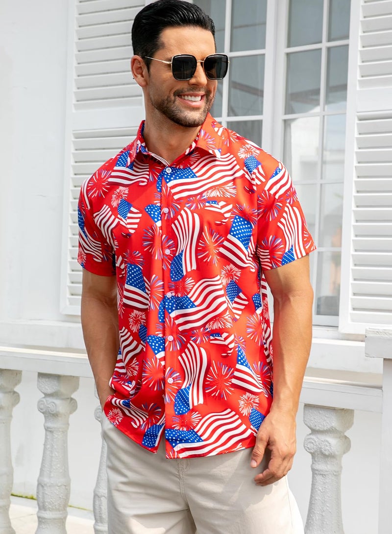 uideazone Independence Day Shirt for Men American Flag Firework Printed Button Up Shirt Casual Short Slevee Dress Shirt - Image 3